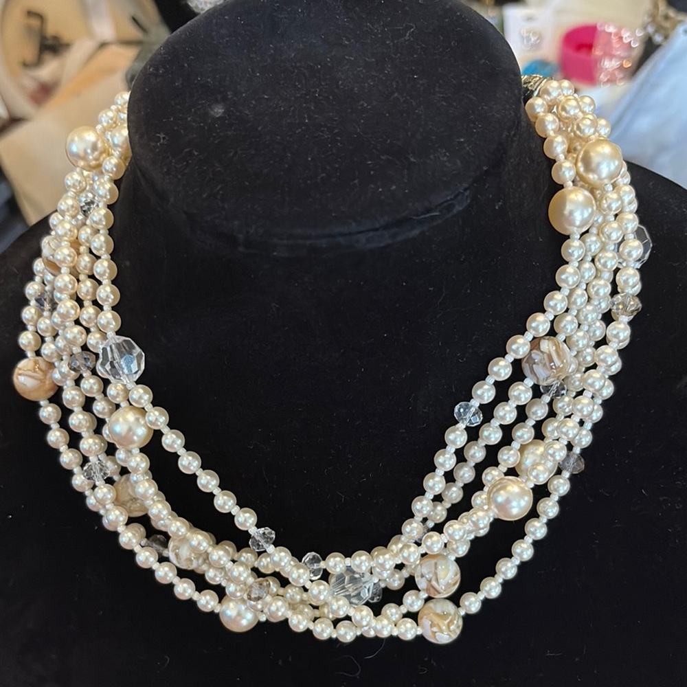 Classic & Elegant Faux multi strand Pearl and Crystal statement Necklace